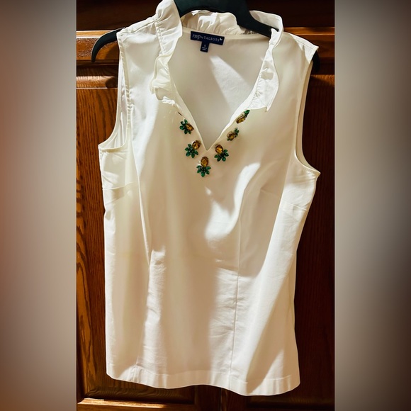 Talbots Tops - Pineapple jewel v neck blouse, RSVP by Talbots, size 6, ruffle collar